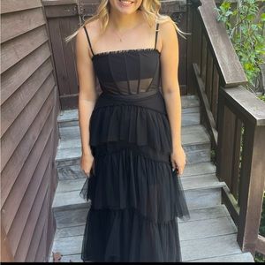 Betsy Adams Illusion Tiered Ruffle Tulle Square Neck Mesh Sleeveless Gown